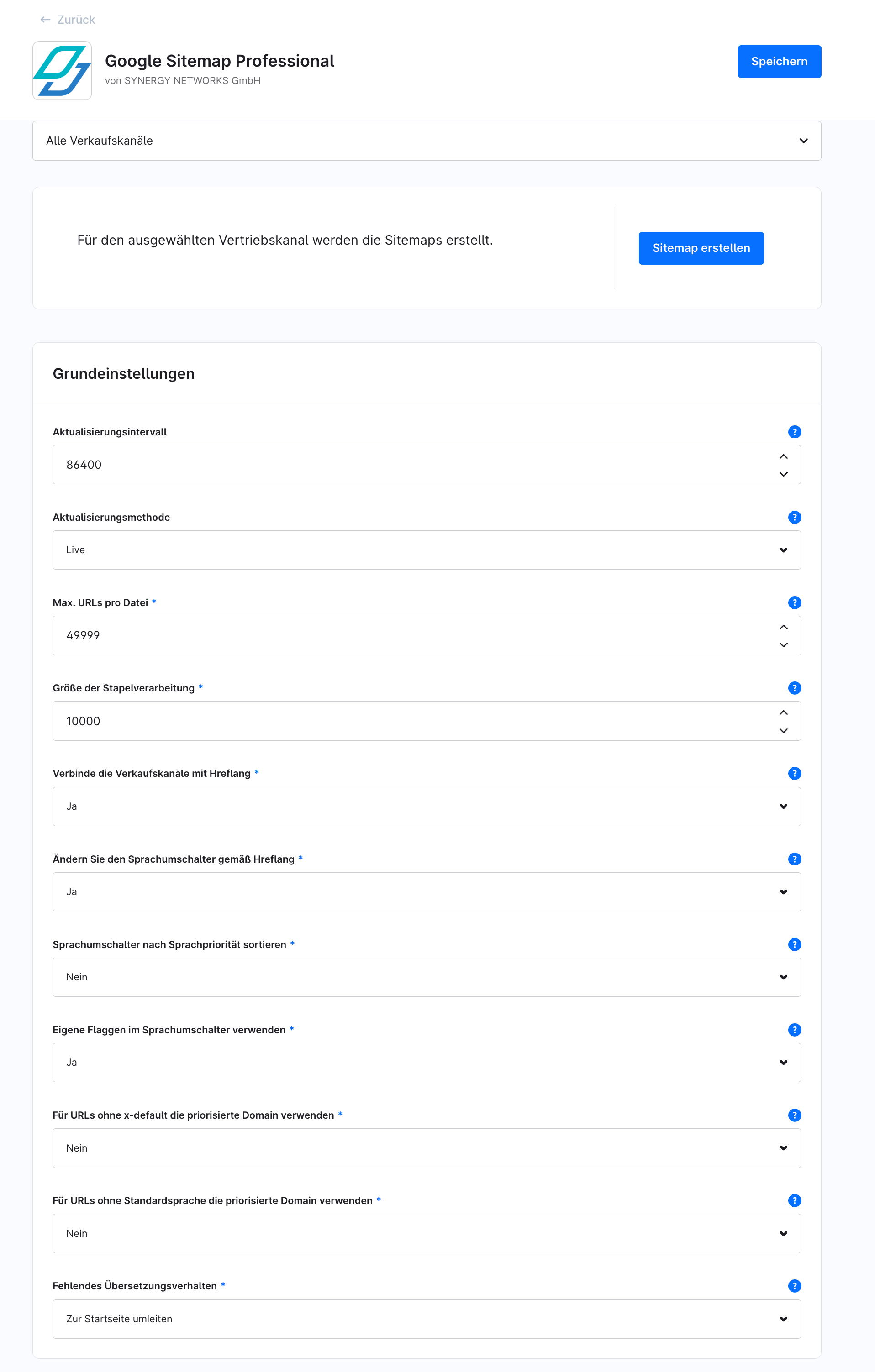 Grundeinstellungen des Plugins mit Aktualisierungsmethode, Aktualisierungsintervall und maximaler Zahl der URLs pro Datei