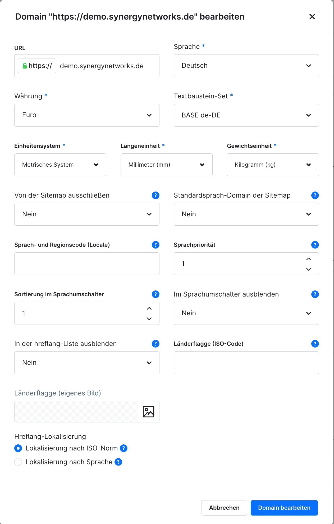 Domain-Einstellungen des Plugins: Sprach- und Regionscode, x-default, Sortierung im Sprachumschalter und eigene Länderflaggen