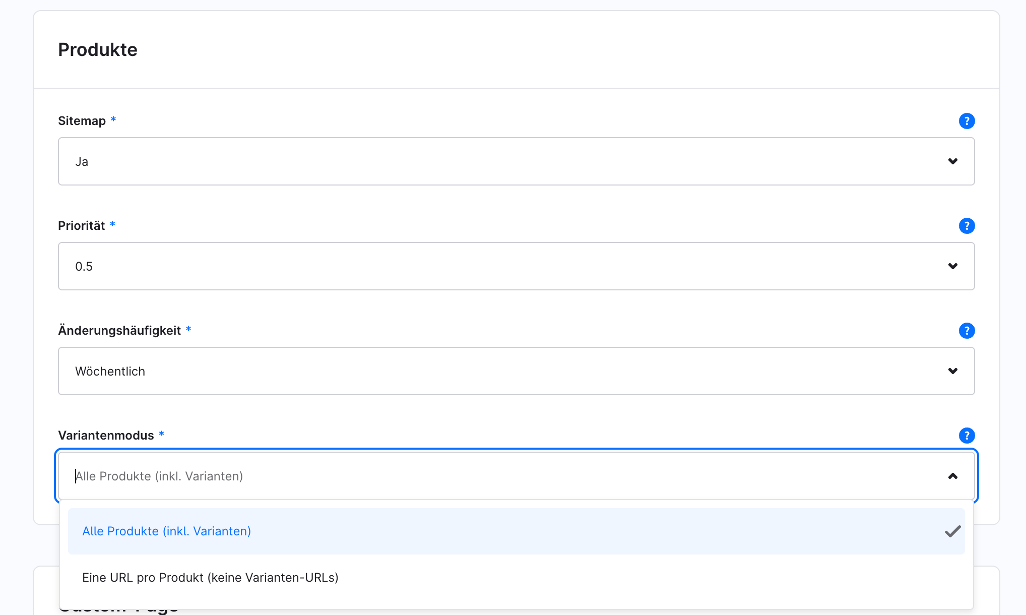 Auswahl des Variantenmodus in der Plugin-Konfiguration: Alle Produkte inklusive Varianten oder eine URL pro Produkt