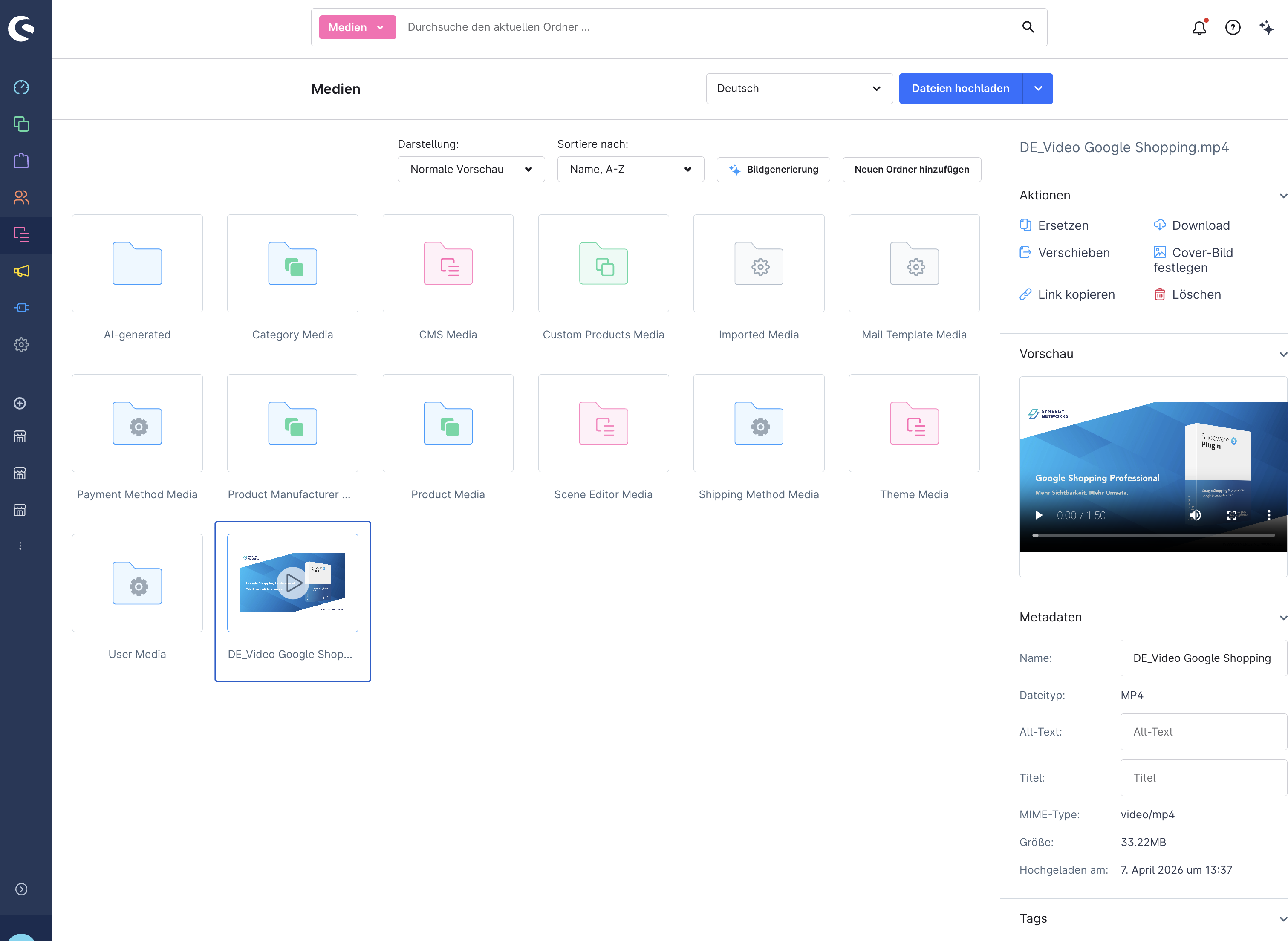 Shopware 6 Media Manager: Video mit Vorschau, Metadaten und Cover-Bild-Funktion