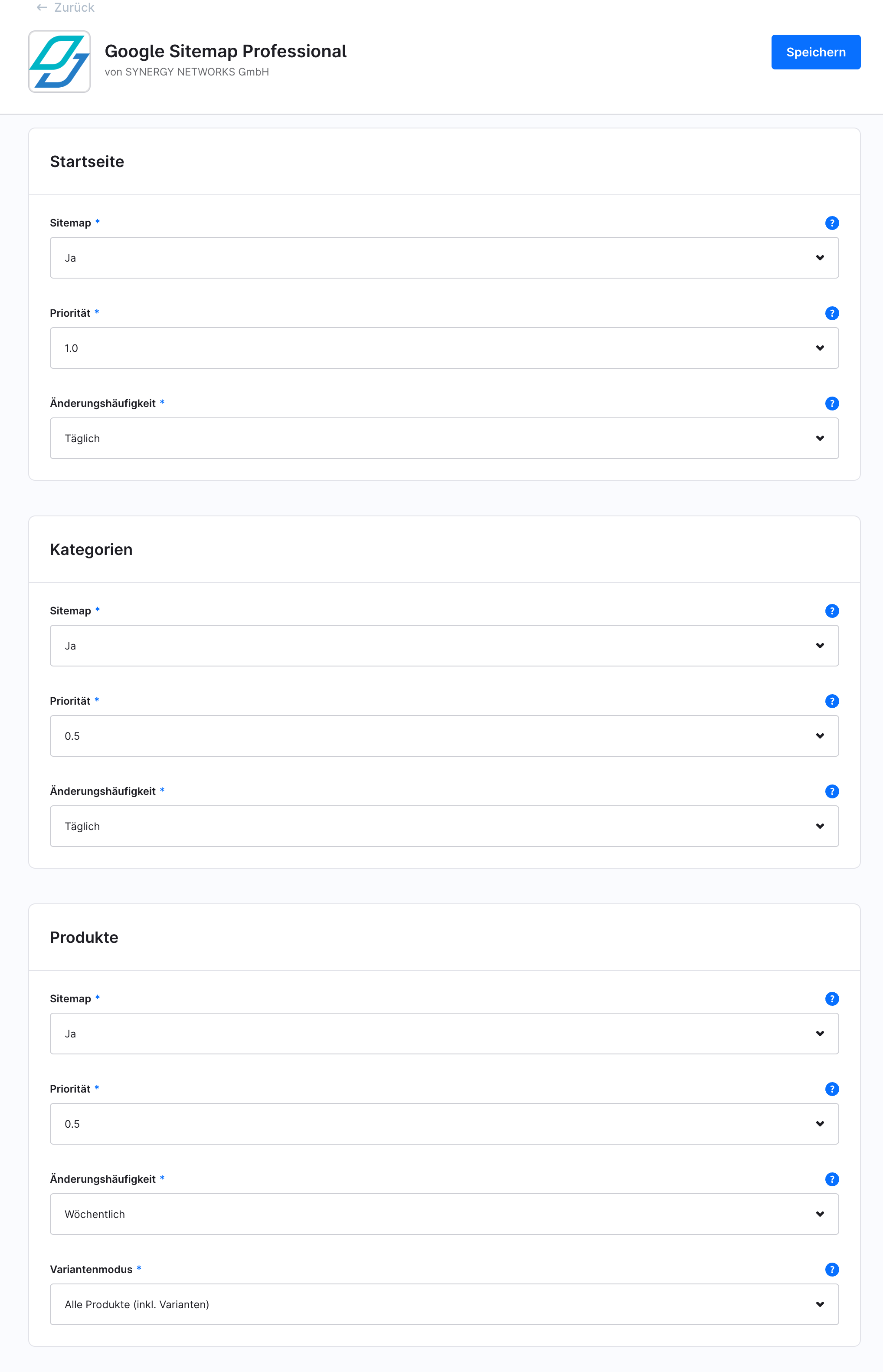 Sitemap-Einstellungen je Inhaltsart in der Plugin-Konfiguration: Startseite, Kategorien und Produkte mit Priorität und Änderungshäufigkeit